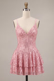 A-Line Pink Tiered Ruffled Sequins Short Homecoming Dress
