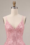 A-Line Pink Tiered Ruffled Sequins Short Homecoming Dress
