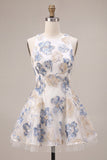 A-Line Ruffled White Plum Flower Jacquard Short Homecoming Dress