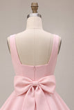 Pink A-Line Ruffled Square Neck Tiered Short Homecoming Dress with Bow