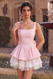 Pink A-Line Ruffled Square Neck Tiered Short Homecoming Dress with Bow