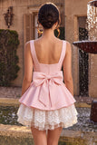 Pink A-Line Ruffled Square Neck Tiered Short Homecoming Dress with Bow