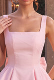 Pink A-Line Ruffled Square Neck Tiered Short Homecoming Dress with Bow