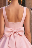Pink A-Line Ruffled Square Neck Tiered Short Homecoming Dress with Bow