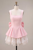 Pink A-Line Ruffled Square Neck Tiered Short Homecoming Dress with Bow