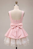 Pink A-Line Ruffled Square Neck Tiered Short Homecoming Dress with Bow