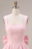 Pink A-Line Ruffled Square Neck Tiered Short Homecoming Dress with Bow