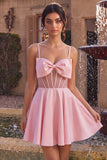 Pink A-Line Ruffled Sheer Corset Beaded Short Homecoming Dress with Bow