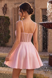 Pink A-Line Ruffled Sheer Corset Beaded Short Homecoming Dress with Bow