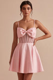 Pink A-Line Ruffled Sheer Corset Beaded Short Homecoming Dress with Bow