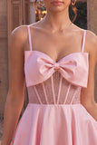 Pink A-Line Ruffled Sheer Corset Beaded Short Homecoming Dress with Bow