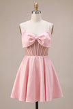 Pink A-Line Ruffled Sheer Corset Beaded Short Homecoming Dress with Bow