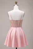 Pink A-Line Ruffled Sheer Corset Beaded Short Homecoming Dress with Bow