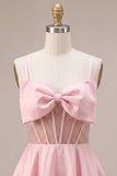 Pink A-Line Ruffled Sheer Corset Beaded Short Homecoming Dress with Bow