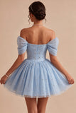 Off the Shoulder Blue A-Line Ruffled Corset Beaded Short Homecoming Dress