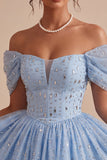Off the Shoulder Blue A-Line Ruffled Corset Beaded Short Homecoming Dress