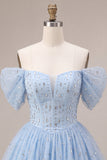 Off the Shoulder Blue A-Line Ruffled Corset Beaded Short Homecoming Dress