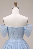 Off the Shoulder Blue A-Line Ruffled Corset Beaded Short Homecoming Dress