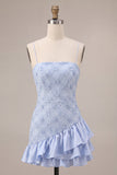 Blue Bodycon Ruffled Spaghetti Straps Short Homecoming Dress