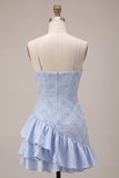 Blue Bodycon Ruffled Spaghetti Straps Short Homecoming Dress