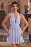 Halter Neck Blue A-Line Ruffled Ruched Floral Short Homecoming Dress