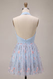 Halter Neck Blue A-Line Ruffled Ruched Floral Short Homecoming Dress