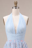 Halter Neck Blue A-Line Ruffled Ruched Floral Short Homecoming Dress