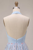 Halter Neck Blue A-Line Ruffled Ruched Floral Short Homecoming Dress