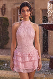 Pink Halter Neck Bodycon Tiered Ruffled Floral Pearls Short Homecoming Dress
