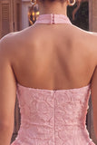 Pink Halter Neck Bodycon Tiered Ruffled Floral Pearls Short Homecoming Dress