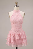 Pink Halter Neck Bodycon Tiered Ruffled Floral Pearls Short Homecoming Dress
