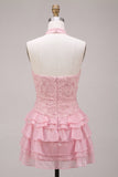 Pink Halter Neck Bodycon Tiered Ruffled Floral Pearls Short Homecoming Dress
