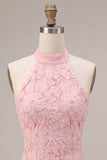 Pink Halter Neck Bodycon Tiered Ruffled Floral Pearls Short Homecoming Dress