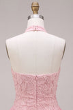 Pink Halter Neck Bodycon Tiered Ruffled Floral Pearls Short Homecoming Dress