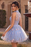 A-Line Blue Halter Neck Ruffled Floral Corset Pearls Short Homecoming Dress