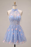 A-Line Blue Halter Neck Ruffled Floral Corset Pearls Short Homecoming Dress