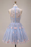 A-Line Blue Halter Neck Ruffled Floral Corset Pearls Short Homecoming Dress