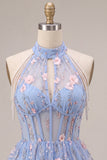 A-Line Blue Halter Neck Ruffled Floral Corset Pearls Short Homecoming Dress