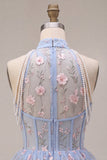 A-Line Blue Halter Neck Ruffled Floral Corset Pearls Short Homecoming Dress