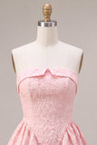 Strapless Pink Jacquard A-Line Ruffled Short Homecoming Dress