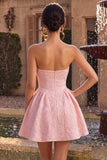 Strapless Pink Jacquard A-Line Ruffled Short Homecoming Dress