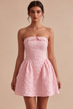 Strapless Pink Jacquard A-Line Ruffled Short Homecoming Dress