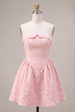 Strapless Pink Jacquard A-Line Ruffled Short Homecoming Dress