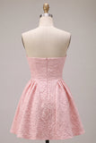 Strapless Pink Jacquard A-Line Ruffled Short Homecoming Dress