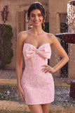 Strapless Pink Jacquard Bodycon Corset Short Homecoming Dress with Bow