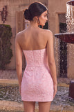 Strapless Pink Jacquard Bodycon Corset Short Homecoming Dress with Bow
