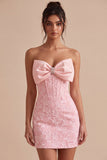 Strapless Pink Jacquard Bodycon Corset Short Homecoming Dress with Bow