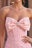 Strapless Pink Jacquard Bodycon Corset Short Homecoming Dress with Bow
