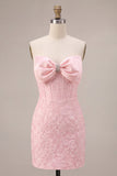 Strapless Pink Jacquard Bodycon Corset Short Homecoming Dress with Bow