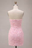 Strapless Pink Jacquard Bodycon Corset Short Homecoming Dress with Bow